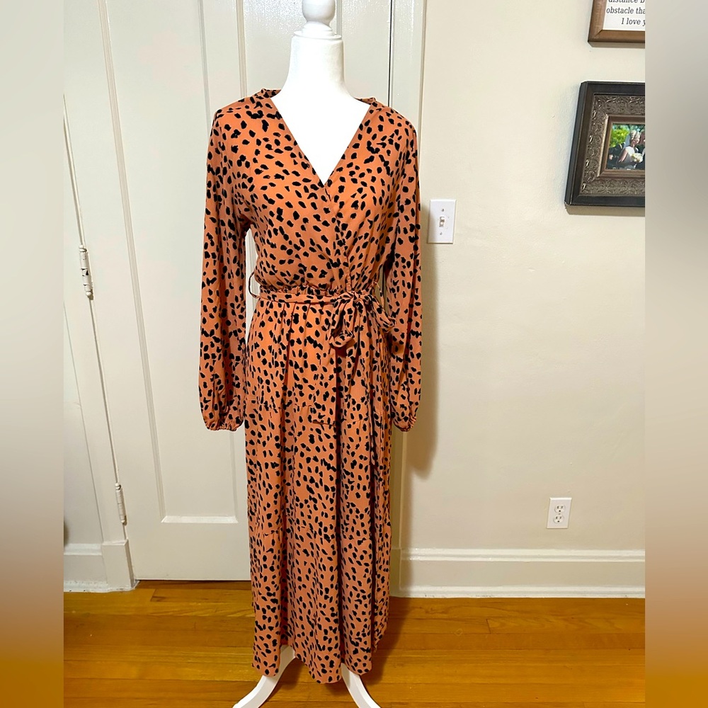 Animal Leopard print crossover tie waist long party dress size large ruffle